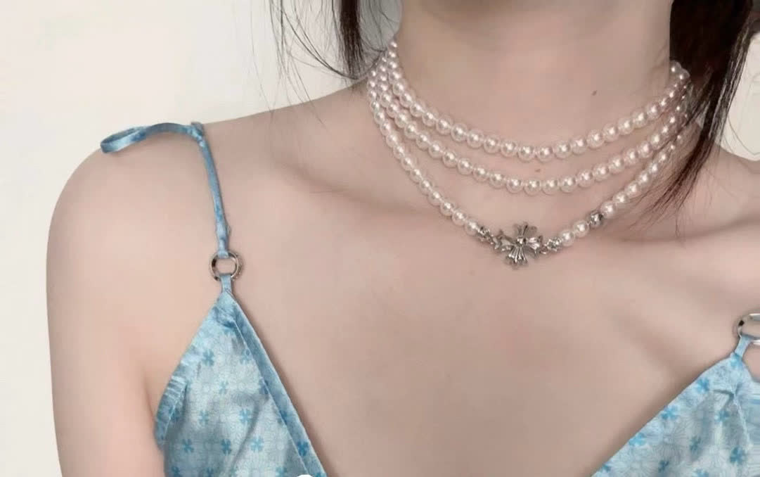 Chrome Hearts Pearl Earrings and Necklace Set